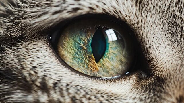 Close-up of a domestic cat's eye revealing intricate patterns and a vertical