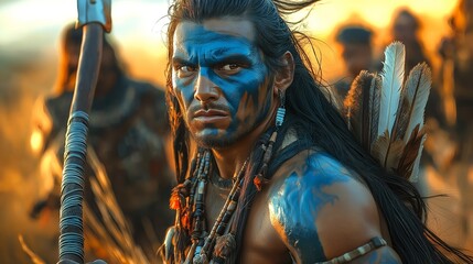 Obraz premium An armed Native American chief. Illustration on the theme of the Wild West, history, wars and battles, peoples and tribes.