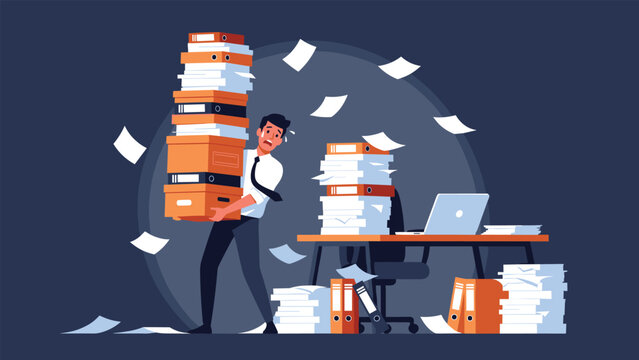 Overworked office employee struggles to carry an impossibly tall stack of folders and papers while flying documents surround him.