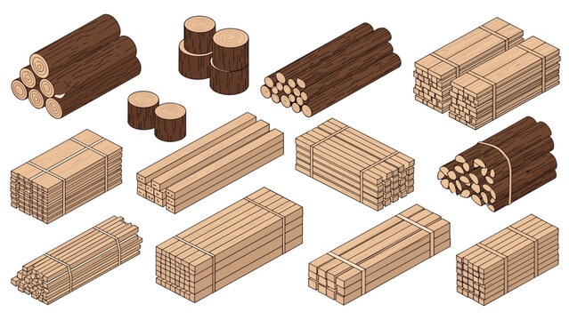 Comprehensive set of isometric wood logs and stacked lumber displays various cuts of timber for construction and fuel.