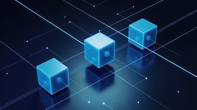 Three translucent blue cubes interconnected by a glowing blue network on a dark, reflective surface, symbolizing blockchain and data.