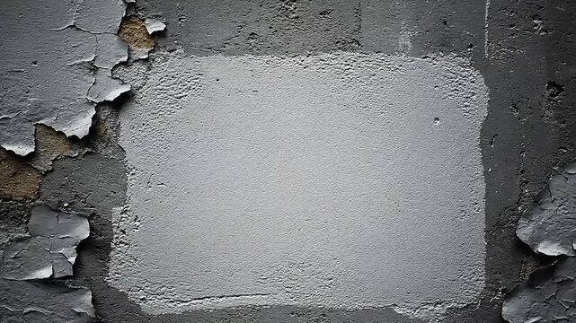 Close-up of a gray wall with peeling paint and a smooth rectangular patch