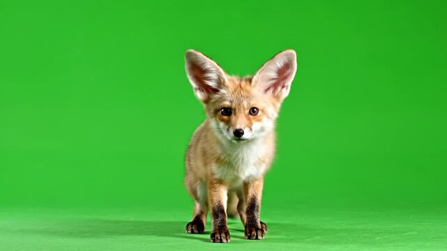A small fennec fox with large ears stands on a vibrant green screen background, looking directly at the viewer with its dark eyes.