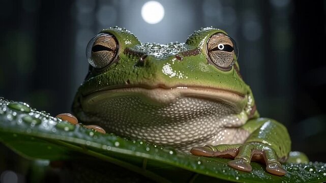 Closeup of a green frog with closed eyes on a dewcovered leaf at night.