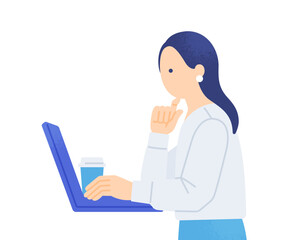 ノマド・副業する女性。カフェや自宅でリラックスしてリモートワークする人物のイラスト素材。