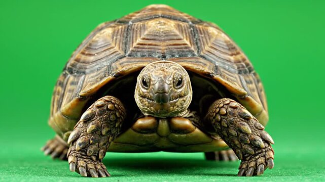A close-up, front-facing shot of a small brown tortoise with a patterned shell, standing on a vibrant green background, looking directly at the camera.