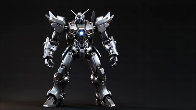 Cinematic Shot Of A Detailed Silver Humanoid Robot Standing Still Against Dark Background, Futuristic Sci-Fi Concept For Movie Or Game Visuals