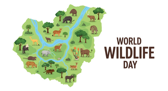 Vector illustration of World Wildlife Day 2026 with animals and map, promoting biodiversity preservation and endangered species awareness on a 3D isometric style.