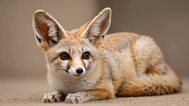 Close Up Of A Fennec Fox Resting On Sandy Ground Looking Directly At Camera With Large Ears And Soft Fur In Natural Habitat
