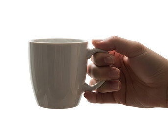 A hand holding a white ceramic mug realistic rendering on transparent background