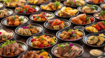 Fototapeta premium an array of small plates filled with colorful food items, including garnishes and sauces, created with generative ai