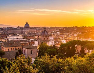 Fototapeta premium Panoramic View of Rome at Sunset - A Golden Hour Spectacle.