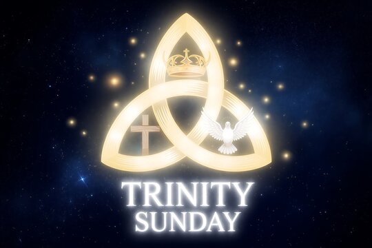 Golden trinity symbol glowing with religious icons for trinity sunday