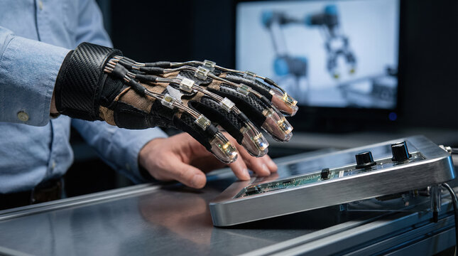 Hands using haptic glove to control robotic arm
