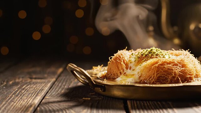 Steaming Kunafa Dessert with Pistachios and Cheese on a Rustic Table with Warm Bokeh Lights