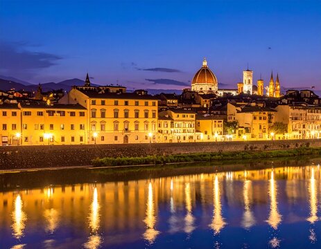 Nighttime panorama of Florence, Italy, showcasing the illuminated cityscape and iconic landmarks.