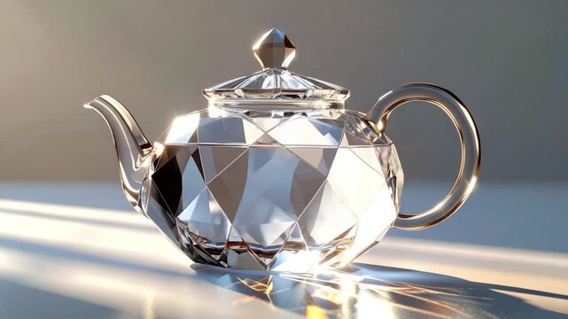 Faceted glass teapot with handle, spout, and lid, catching light, elegant and clear