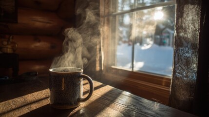 マグカップが置かれている冬の窓辺