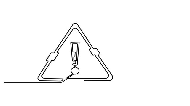 Animation render of warning sign icon continuous one line drawing