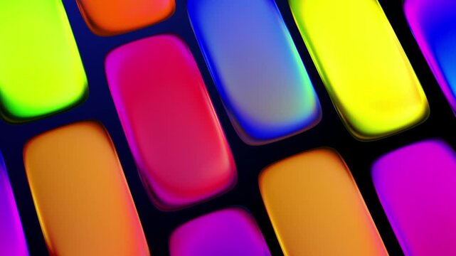 Colorful neon abstract pattern of rounded rectangles with gradient shapes motion background animation, rounded rectangle shapes with smooth gradients and soft glow on a dark background.