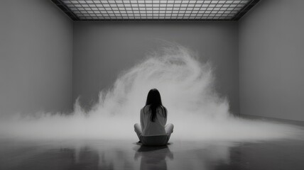 A person sitting in a room filled with smoke and fog.