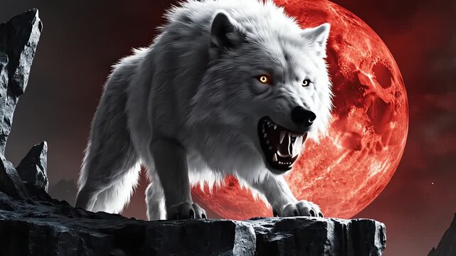 White wolf under red moon, fierce predator standing on rock cliff in dark night, glowing eyes and dramatic lighting creating a powerful fantasy wildlife scene with danger, mystery