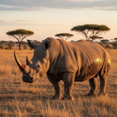 Fototapeta premium Majestic rhinoceros in the African savanna at golden hour.