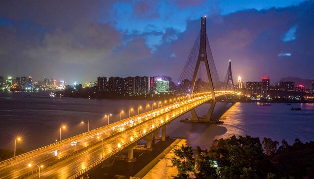 Nighttime View of a Modern Bridge Spanning a River with City Lights.