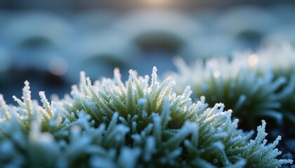 Close up Macro Shot Of Frost Covered Green Grass Blades With Soft Golden Sunrise Light Creating A Magical Winter