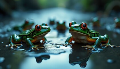 Two detailed green frogs with bright red eyes sit close together on a wet path surrounded by a blurred background of
