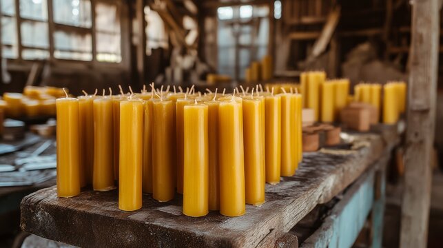 Hand-dipped beeswax candles drying in a rustic shed .