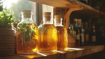 Homemade herbal liqueurs glowing in clear light on a wooden bar shelf .