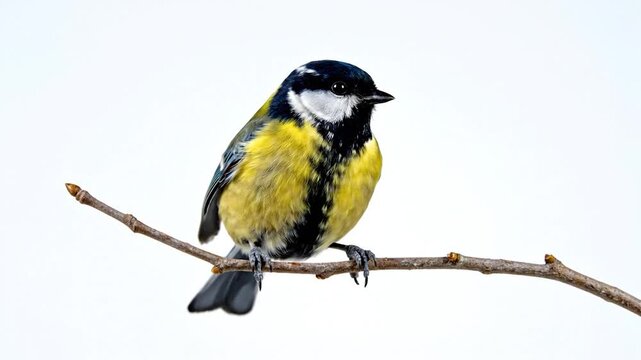 A beautiful great tit bird perches on a twig on a white background