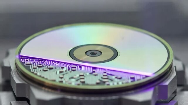 Macro view of blank optical disc being etched with complex circuit board pattern by purple laser in futuristic machine
