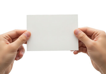 Fototapeta premium Hands holding a blank white card ideal for mockups on transparent background