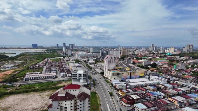Skyline coastline of Malacca Melaka historic city in Malaysia UNESCO World Heritage site
