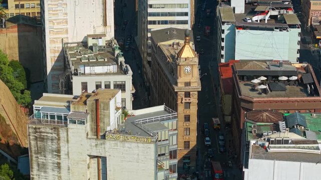 Reloj Turri Clock Tower Valparaiso Chile Aerial with Historic Trolleybus Downtown