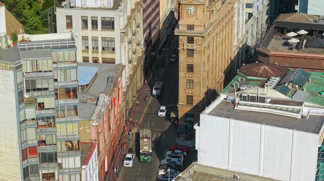Reloj Turri Clock Tower Valparaiso Chile Aerial with Historic Trolleybus Downtown