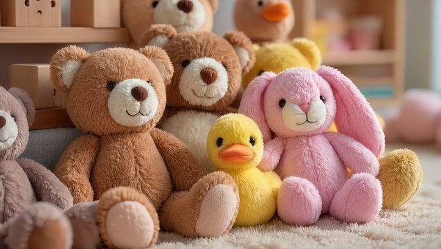 Soft toys arranged on floor in playroom, illustrating kindergarten play area, early childhood environment, and organized children space