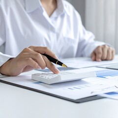 Fototapeta premium Person in white shirt calculating with calculator on a desk with documents.