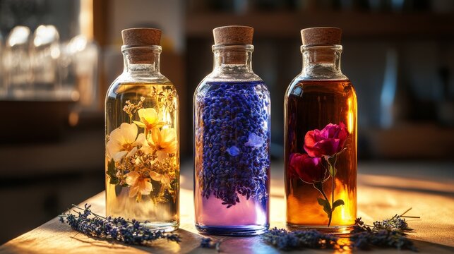 A trio of infused vinegars: blueberry, rose petal, and lavender, backlit for glow .
