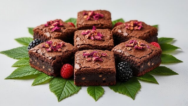 Arrangement of rich chocolate brownies topped with dried rose petals and fresh berries like raspberries and blackberries, served on green leaves