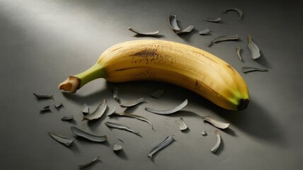 A ripe yellow banana rests on a dark surface surrounded by scattered black seeds.