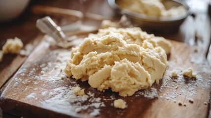 Buttery cookie dough being shaped on a rustic wooden board, specks of vanilla bean visible .
