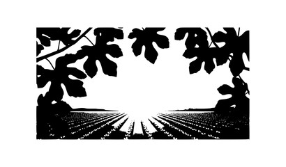 Fototapeta premium Decorative Fig Leaf Arch Frame with Golden Sunset Agricultural Field Vector