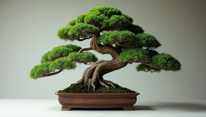 Mature Bonsai Tree With Lush Green Foliage In A Textured Brown Pot On A White Surface Under Soft Studio Lighting
