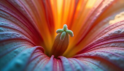 Extreme Close Up Macro Shot of a Vibrant Pink and White Flower Center with Golden Orange Sunlight Backlighting and