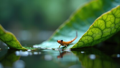 Tiny Orange Salamander Perched on Vibrant Green Leaf Reflecting in Calm Water Macro Photography Nature Serenity