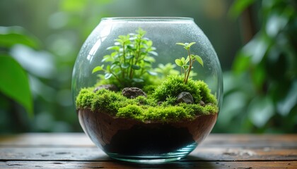 Miniature Lush Green Ecosystem Inside A Clear Glass Bowl Terrarium With Lush Moss Tiny Plants Rocks And Water Droplets
