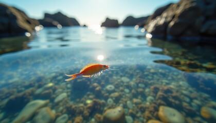 Small Orange Fish Swims in Clear Blue Ocean Water Near Rocky Shoreline at Sunset